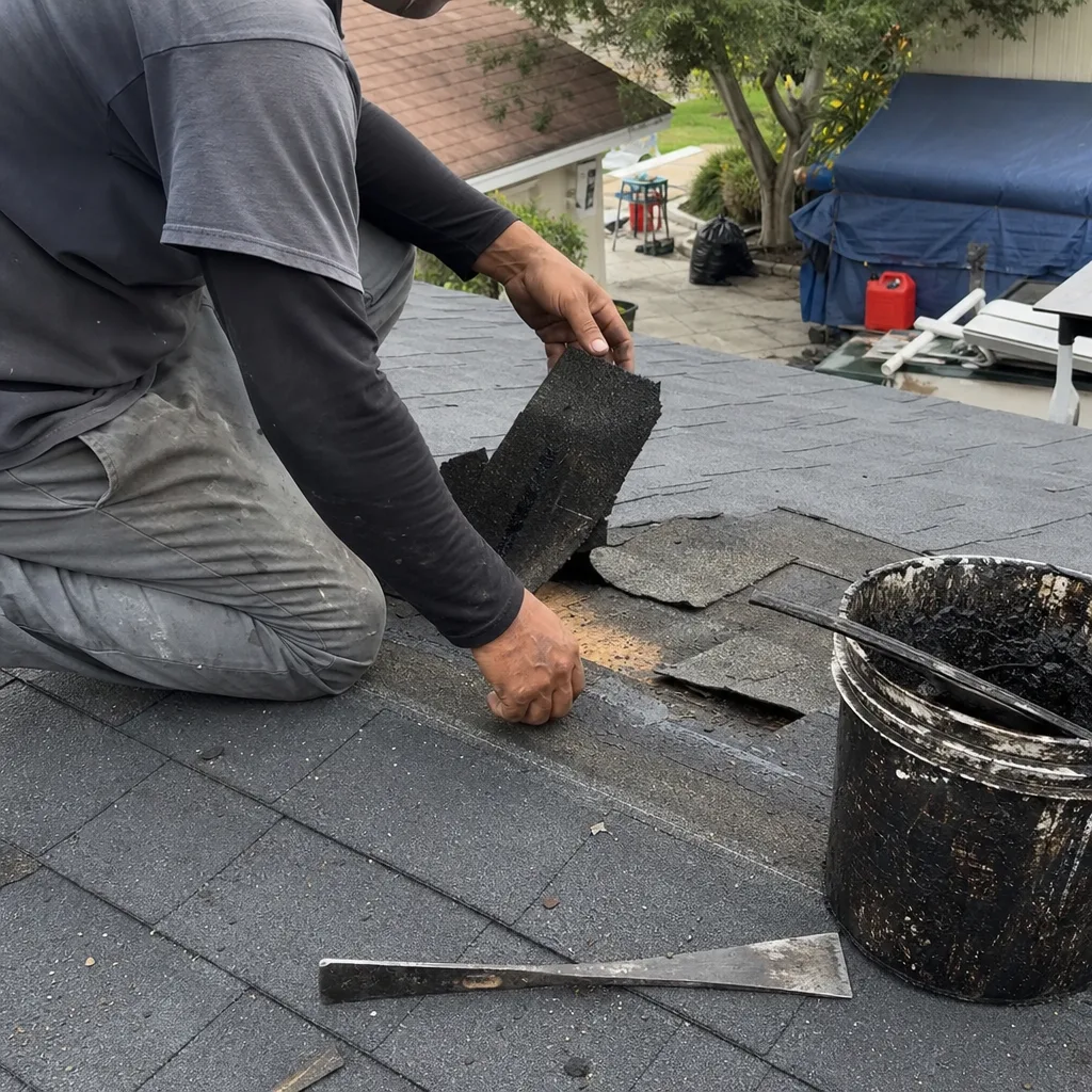 A roofing contractor performing a professional shingle repair on a residential roof