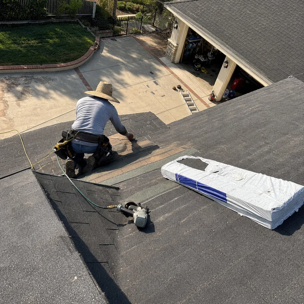 Contractor performing professional asphalt shingle roof repair