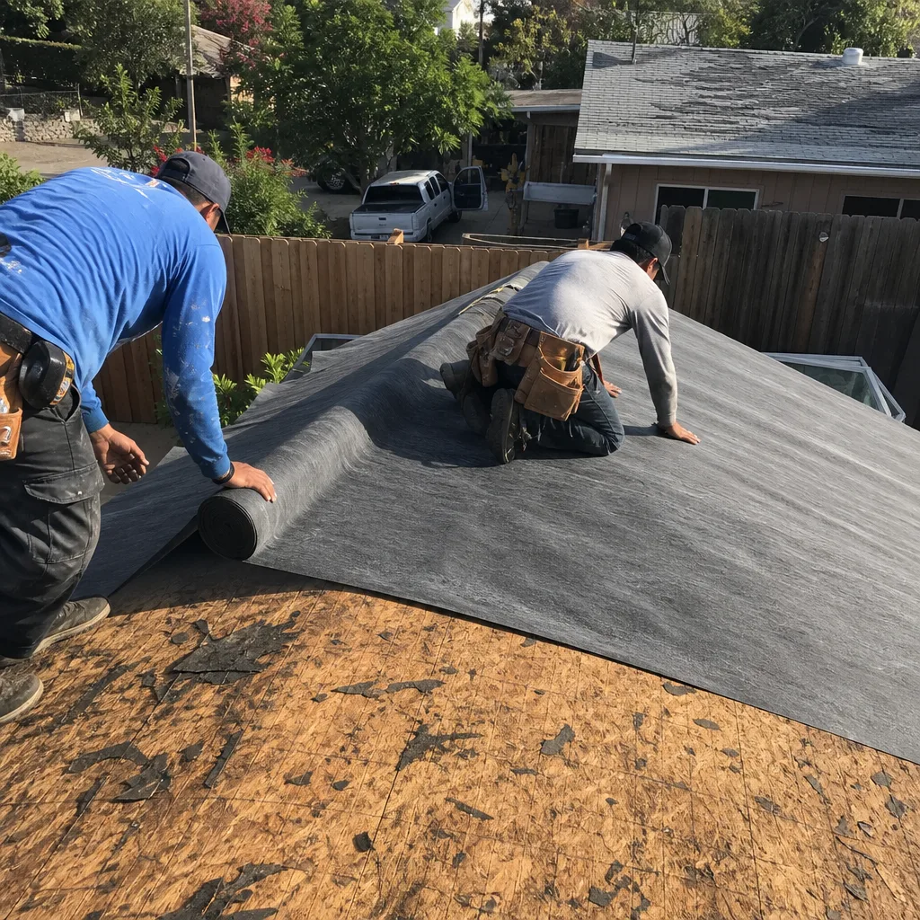 Two professional roofers installing synthetic underlayment on a residential roof replacement