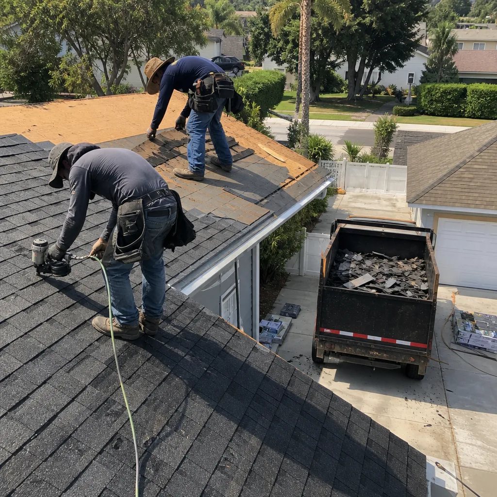 Professional roofers performing residential shingle roof replacement