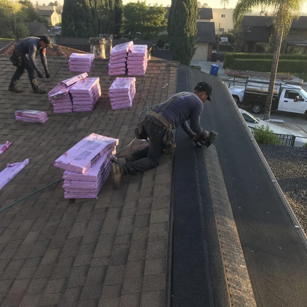 Professional roofers performing a residential roof replacement with new shingles