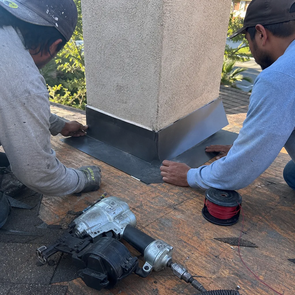 Two roofers installing metal flashing around a chimney on a roof